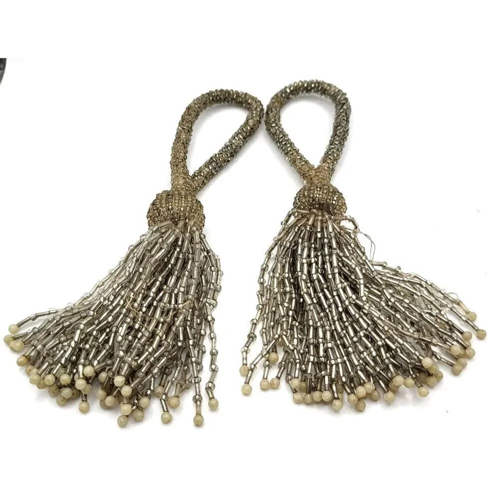 Vintage Pair of 2 Silver Beaded Tassel Ties 6.5in